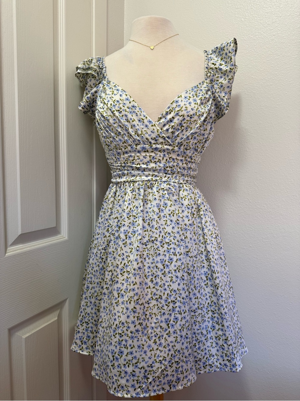 Inspired Hearts Blue and White Floral Wrap Mini Dress